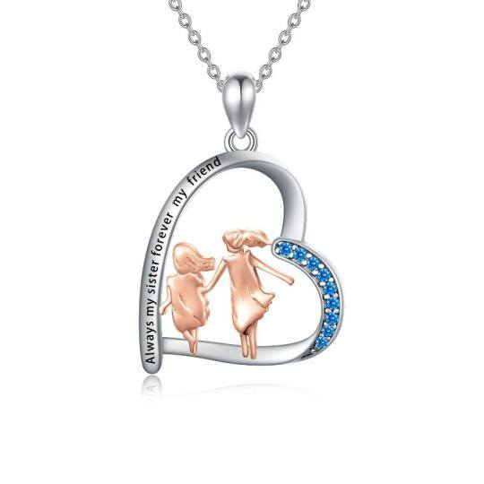 Sterling zilveren tweekleurige cirkelvormige cubic zirconia zusters & hart hanger ketting met gegraveerd woord