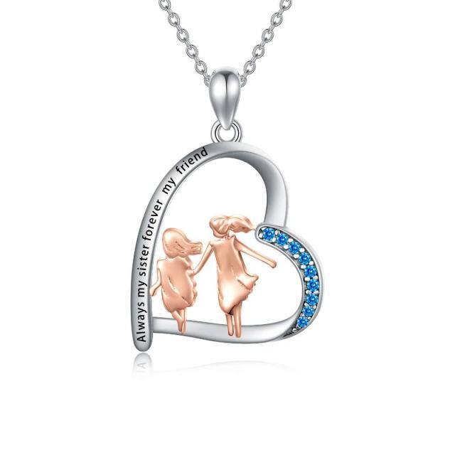 Sterling Silver Two-tone Circular Shaped Cubic Zirconia Sisters & Heart Pendant Necklace with Engraved Word-1