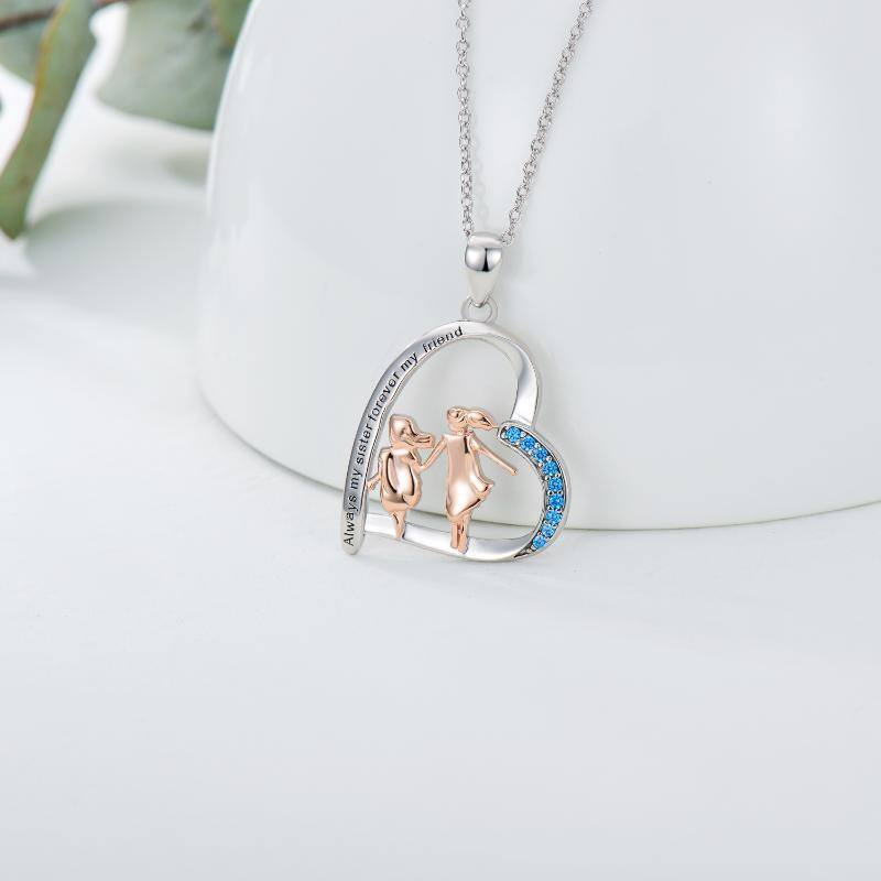 Sterling Silver Two-tone Circular Shaped Cubic Zirconia Sisters & Heart Pendant Necklace with Engraved Word-3