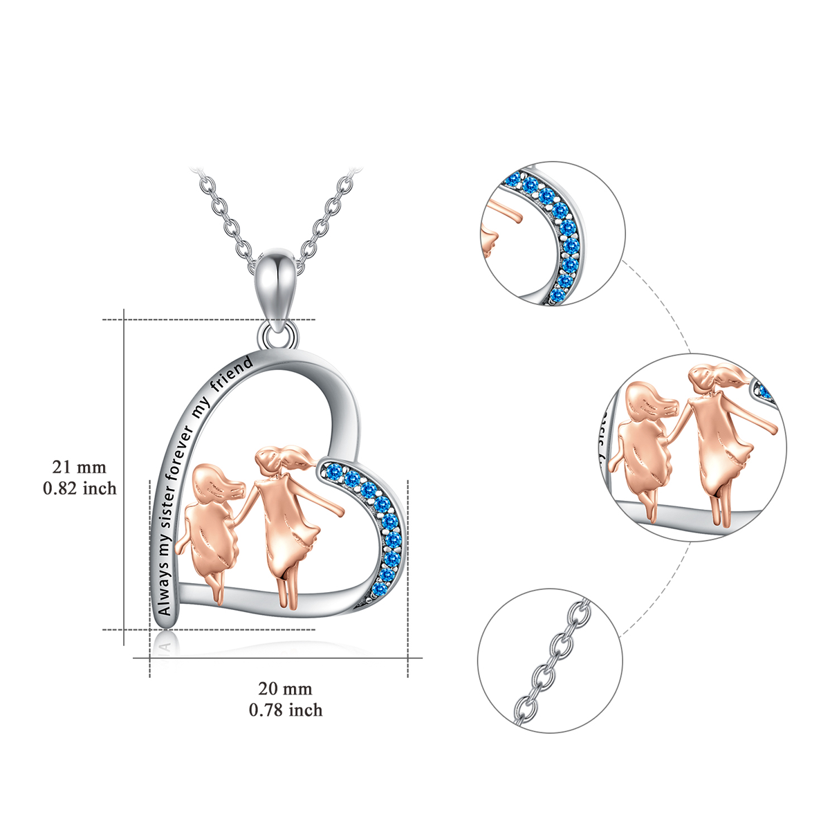 Sterling zilveren tweekleurige cirkelvormige cubic zirconia zusters & hart hanger ketting met gegraveerd woord-5