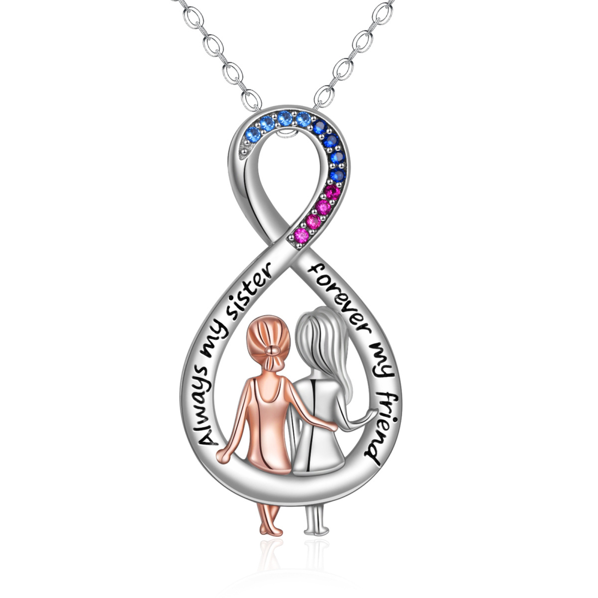 Sterling zilveren tweekleurige cirkelvormige cubic zirconia zusters en oneindigheidssymbool hanger ketting met gegraveerd woord-1