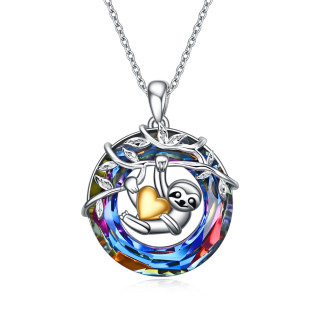 Sterling Silver Two-tone Circular Shaped Sloth & Gold Heart Crystal Pendant Necklace-48