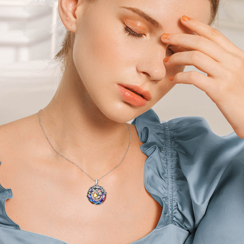 Sterling Silver Two-tone Circular Shaped Sloth & Gold Heart Crystal Pendant Necklace-2