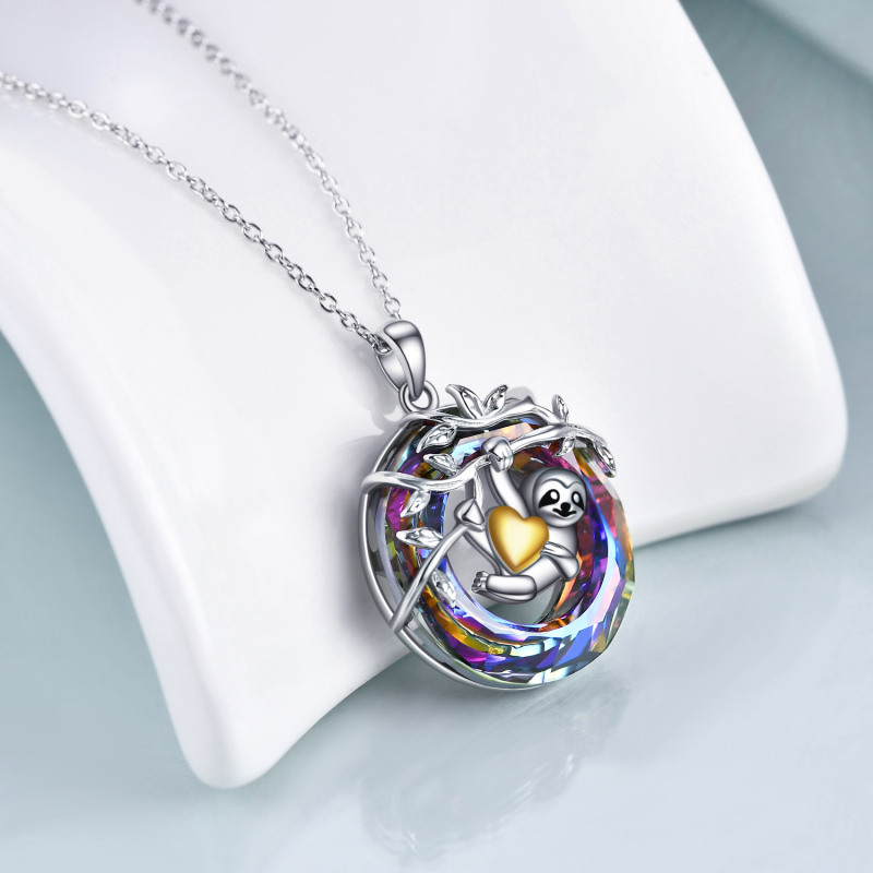 Sterling Silver Two-tone Circular Shaped Sloth & Gold Heart Crystal Pendant Necklace-3