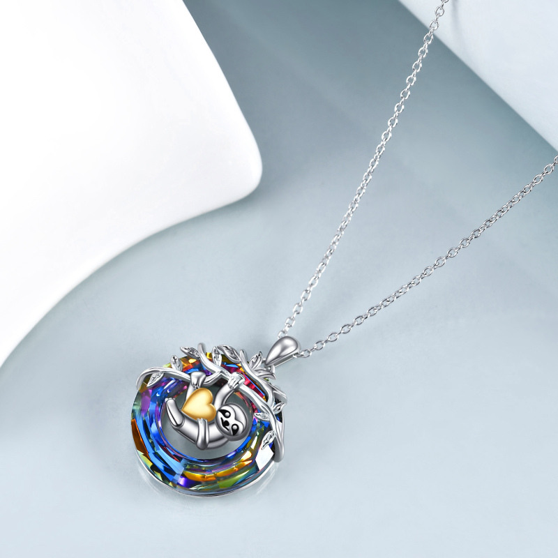 Sterling Silver Two-tone Circular Shaped Sloth & Gold Heart Crystal Pendant Necklace-4