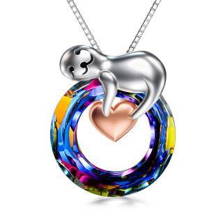 Sterling Silver Two-tone Circular Shaped Sloth & Heart Crystal Pendant Necklace-30