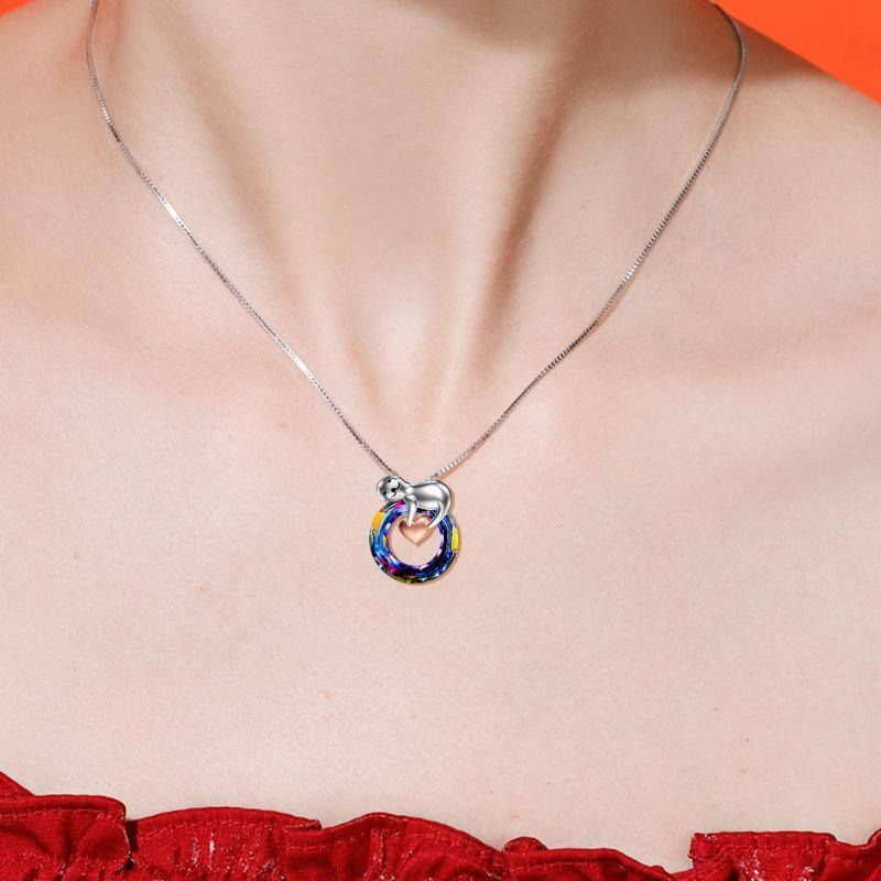 Sterling Silver Two-tone Circular Shaped Sloth & Heart Crystal Pendant Necklace-2