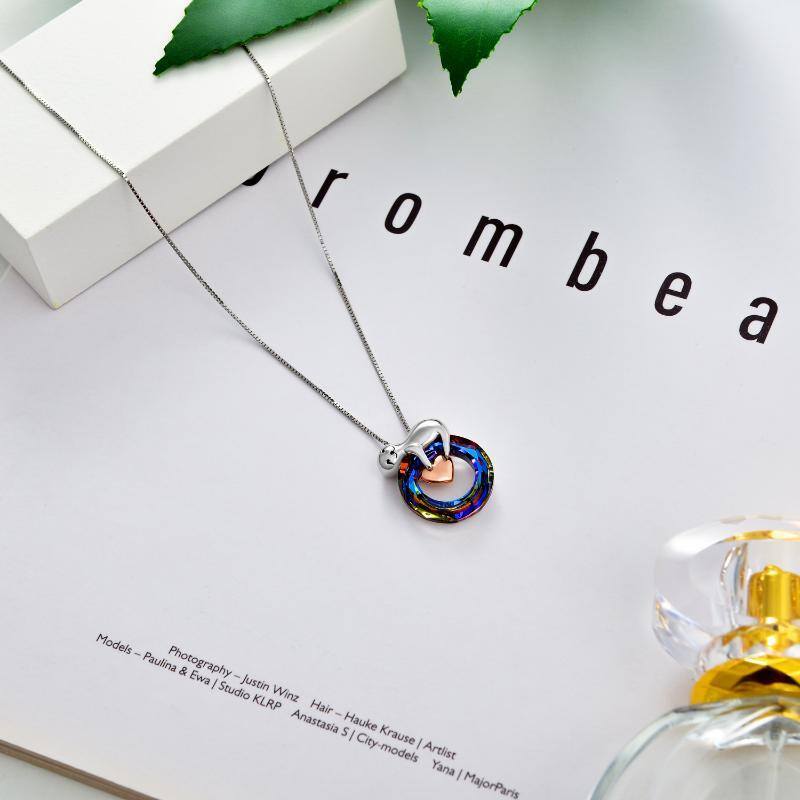 Sterling Silver Two-tone Circular Shaped Sloth & Heart Crystal Pendant Necklace-4