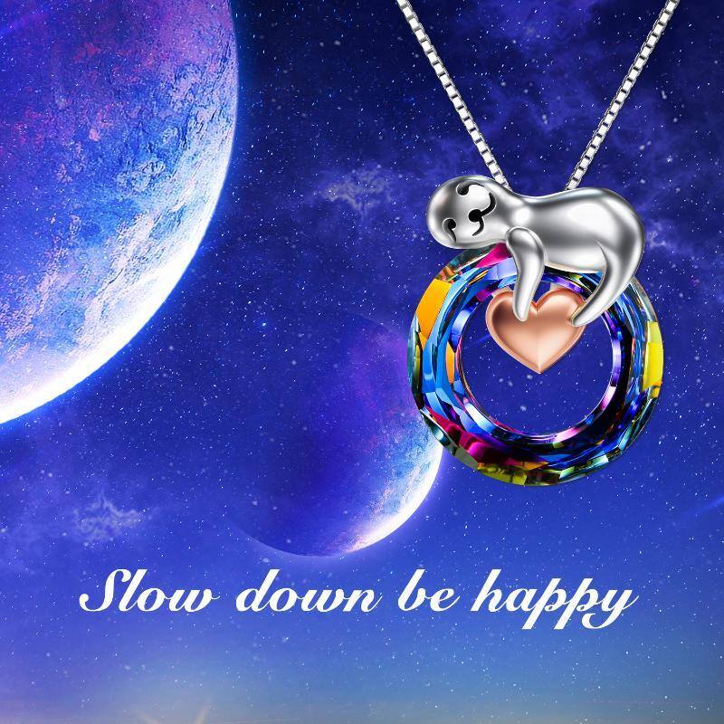 Sterling Silver Two-tone Circular Shaped Sloth & Heart Crystal Pendant Necklace-6