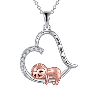 Sterling Silver Two-tone Circular Shaped Cubic Zirconia Sloth & Heart Pendant Necklace with Engraved Word-9