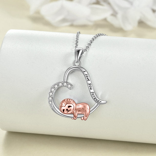 Sterling Silver Two-tone Circular Shaped Cubic Zirconia Sloth & Heart Pendant Necklace with Engraved Word-3