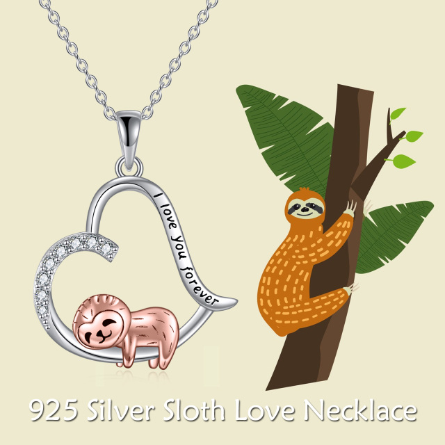 Sterling Silber zweifarbig kreisförmig Cubic Zirkonia Sloth & Herz Anhänger Halskette mit-6