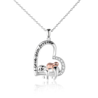 Sterling Silver Two-tone Circular Shaped Cubic Zirconia Sloth & Heart Pendant Necklace with Engraved Word-49