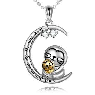 Sterling Silver Two-tone Circular Shaped Cubic Zirconia Sloth & Moon Pendant Necklace with Engraved Word-3