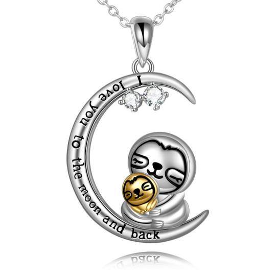 Sterling Silver Two-tone Circular Shaped Cubic Zirconia Sloth & Moon Pendant Necklace with Engraved Word