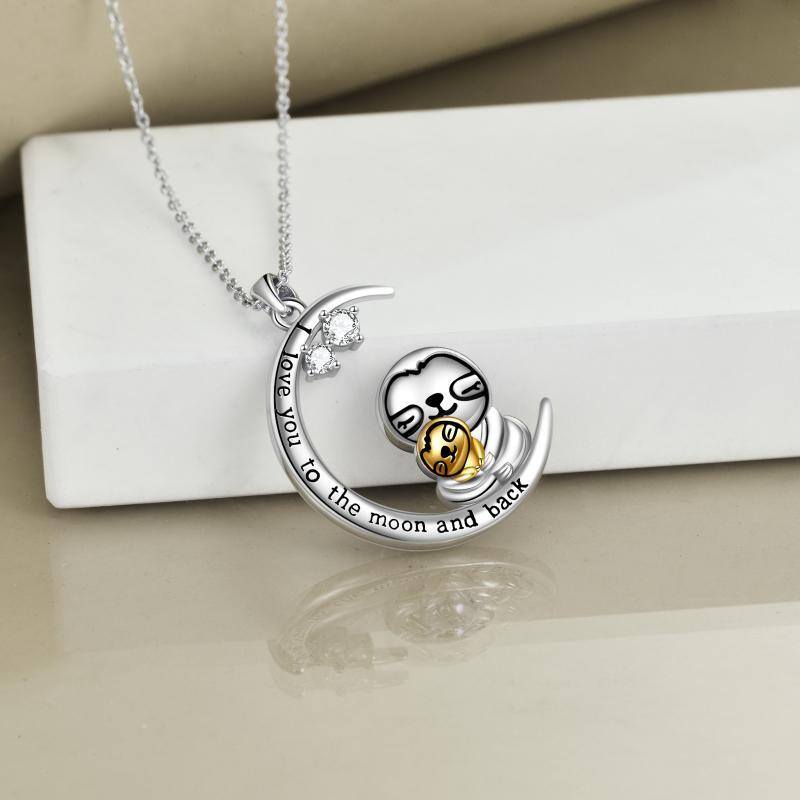 Sterling Silver Two-tone Circular Shaped Cubic Zirconia Sloth & Moon Pendant Necklace with Engraved Word-3