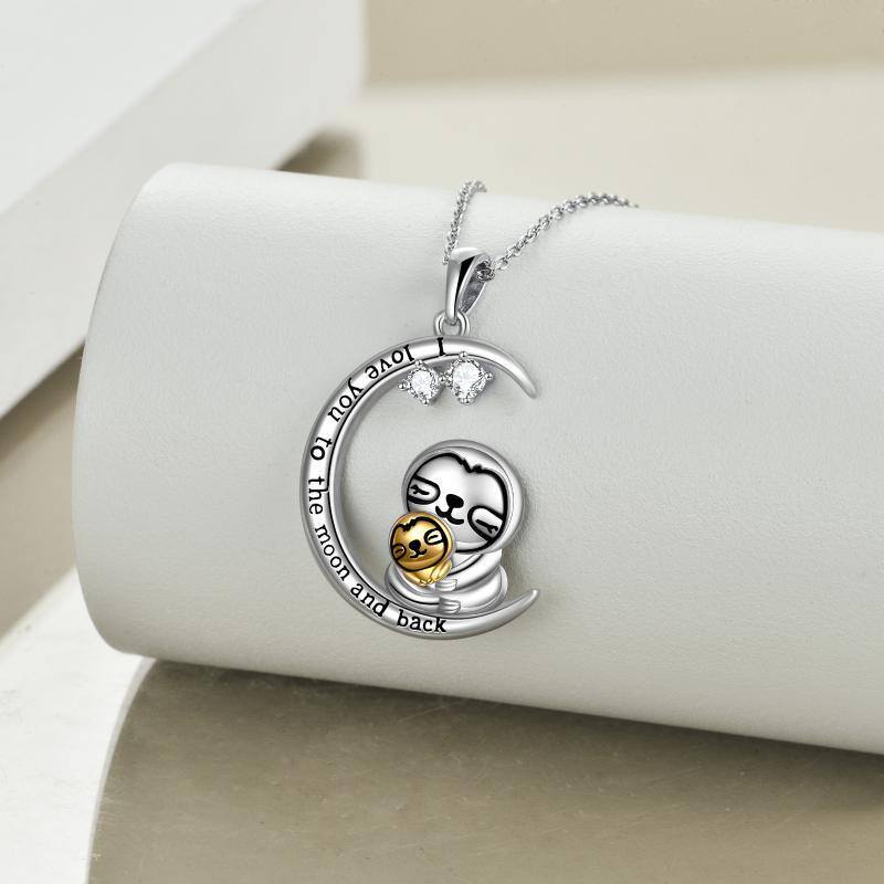 Sterling Silver Two-tone Circular Shaped Cubic Zirconia Sloth & Moon Pendant Necklace with Engraved Word-4