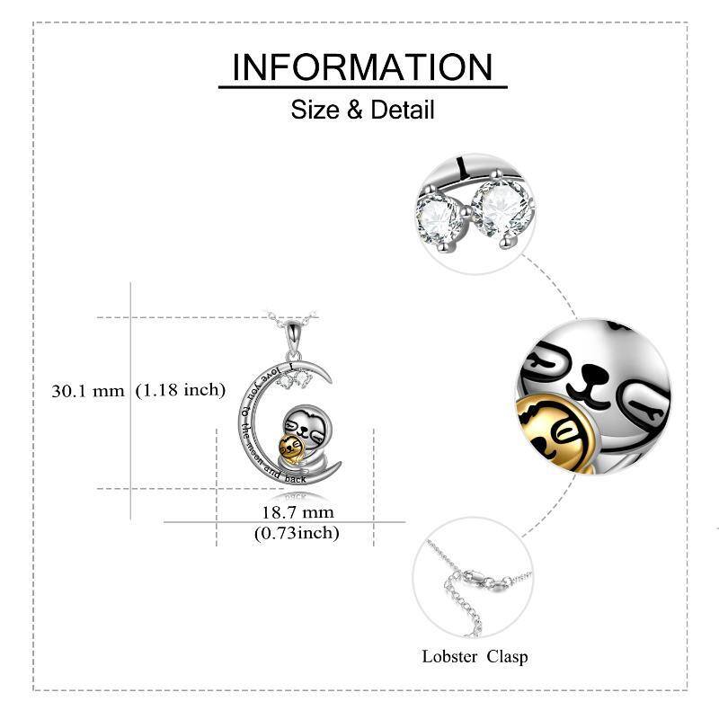 Sterling Silver Two-tone Circular Shaped Cubic Zirconia Sloth & Moon Pendant Necklace with Engraved Word-5