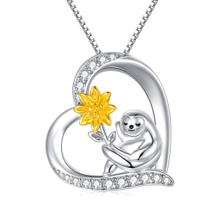 Sterling Silver Two-tone Circular Shaped Cubic Zirconia Sloth & Sunflower Pendant Necklace-29