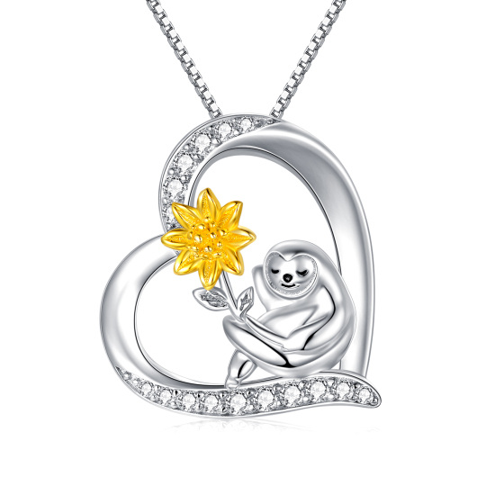 Sterling Silver Two-tone Circular Shaped Cubic Zirconia Sloth & Sunflower Pendant Necklace