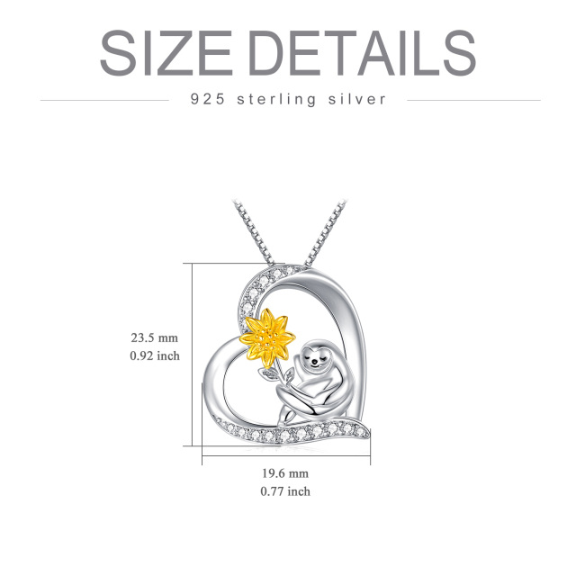 Sterling zilveren tweekleurige cirkelvormige cubic zirconia luiaard & zonnebloem hanger ketting-5