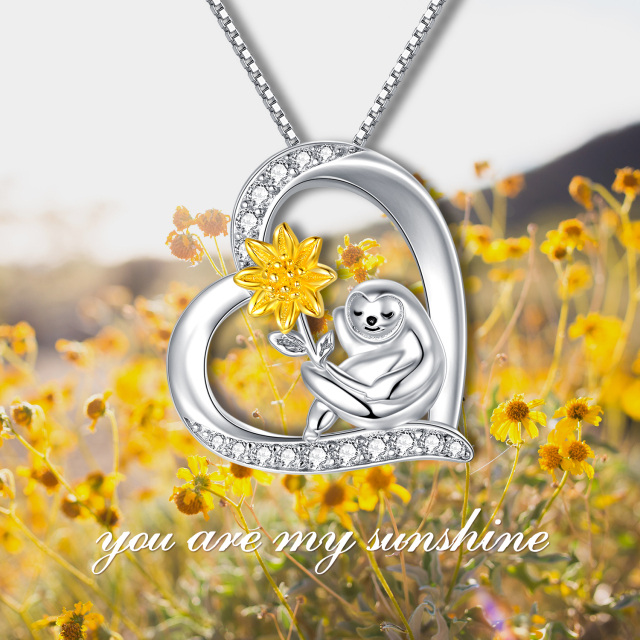 Sterling Silver Two-tone Circular Shaped Cubic Zirconia Sloth & Sunflower Pendant Necklace-6