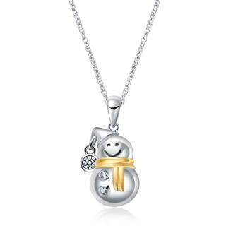 Sterling Silver Two-tone Circular Shaped Cubic Zirconia Snowman Pendant Necklace-5