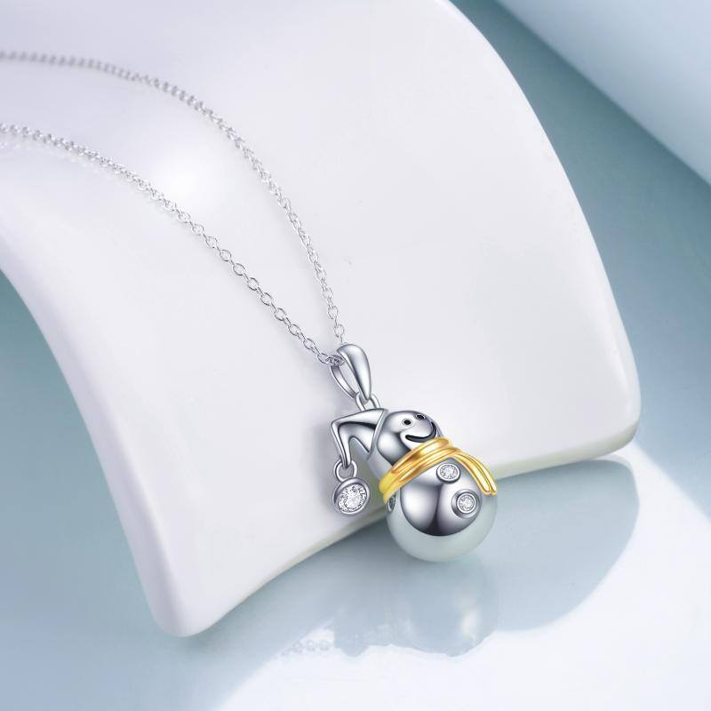 Sterling Silver Two-tone Circular Shaped Cubic Zirconia Snowman Pendant Necklace-3