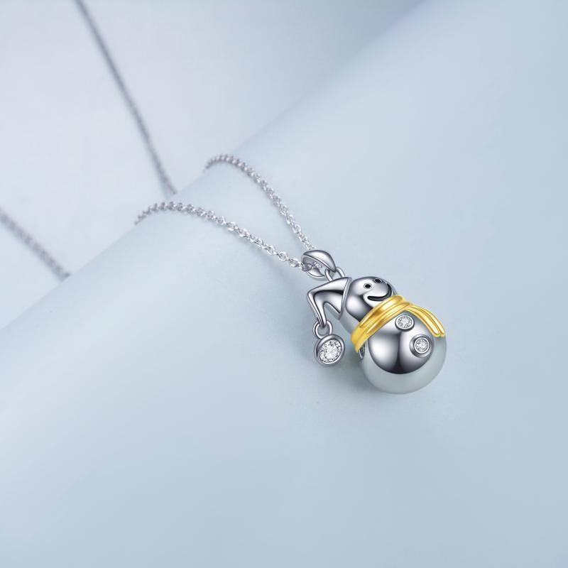 Sterling Silver Two-tone Circular Shaped Cubic Zirconia Snowman Pendant Necklace-4