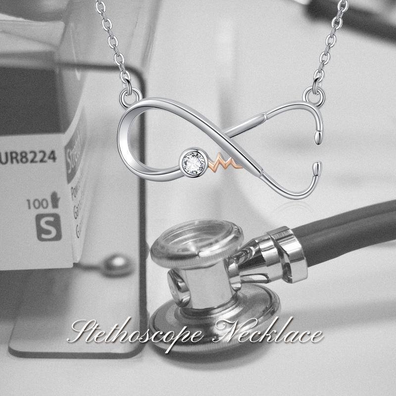 Sterling Silver Two-tone Circular Shaped Cubic Zirconia Stethoscope Pendant Necklace-5