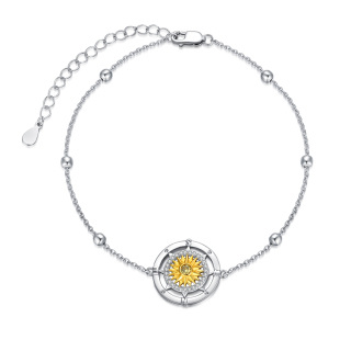 Sterling Silver Two-tone Circular Shaped Cubic Zirconia Sunflower & Compass Pendant Bracelet-4