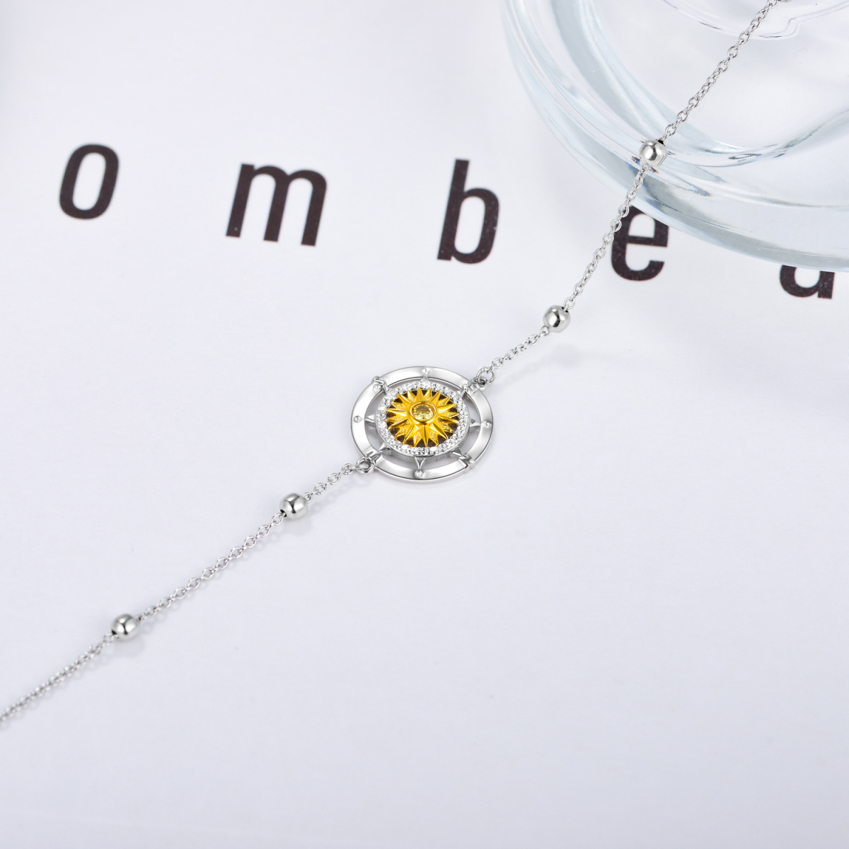 Sterling Silver Two-tone Circular Shaped Cubic Zirconia Sunflower & Compass Pendant Bracelet-3