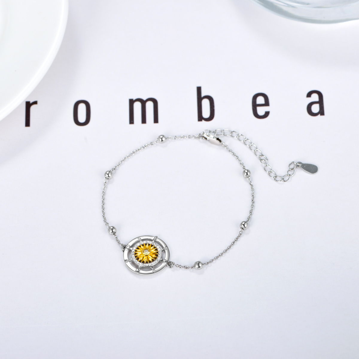 Bracciale bicolore in argento sterling a forma di circolare con girasole e bussola-4