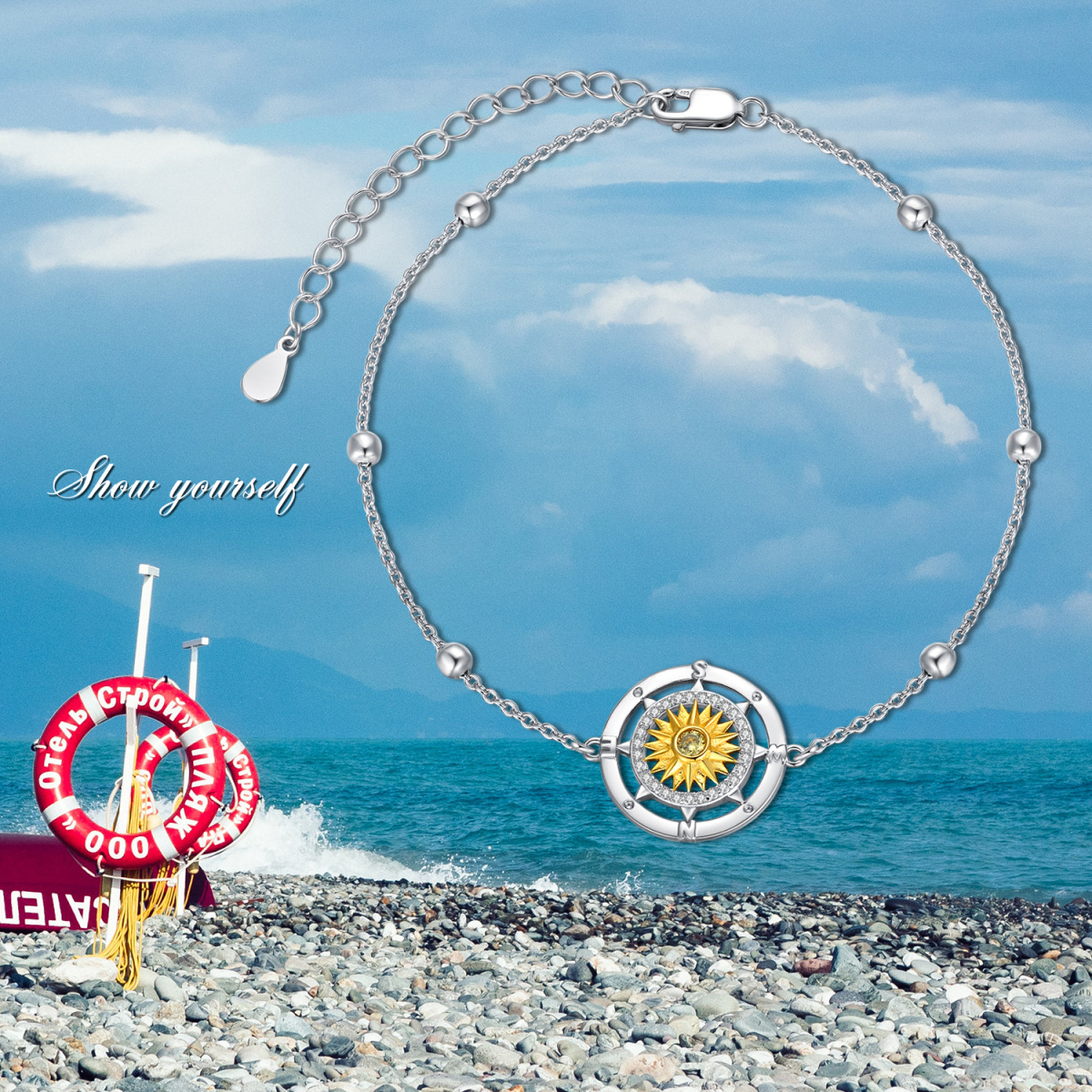 Sterling Silver Two-tone Circular Shaped Cubic Zirconia Sunflower & Compass Pendant Bracelet-5