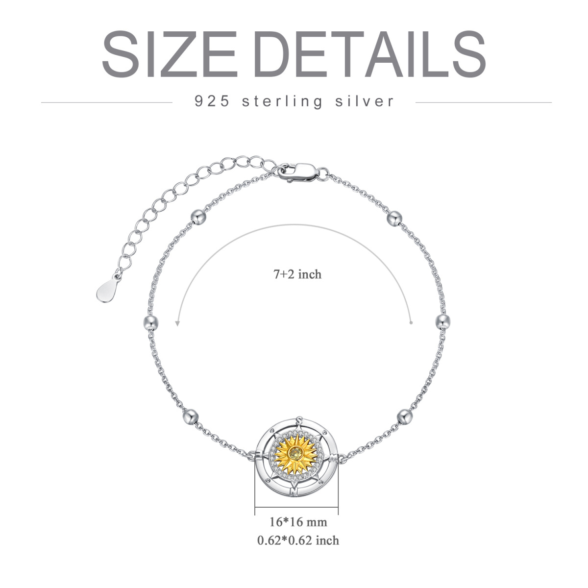 Sterling Silver Two-tone Circular Shaped Cubic Zirconia Sunflower & Compass Pendant Bracelet-6