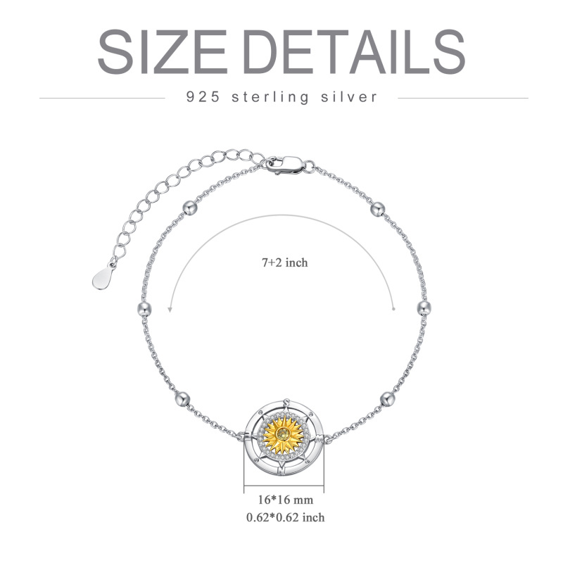 Sterling Silver Two-tone Circular Shaped Cubic Zirconia Sunflower & Compass Charm Bracelet-6