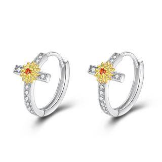 Sterling Silver Two-tone Circular Shaped Cubic Zirconia Sunflower & Cross Hoop Earrings-41