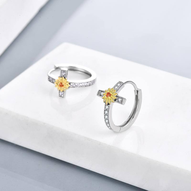 Sterling Silver Two-tone Circular Shaped Cubic Zirconia Sunflower & Cross Hoop Earrings-3