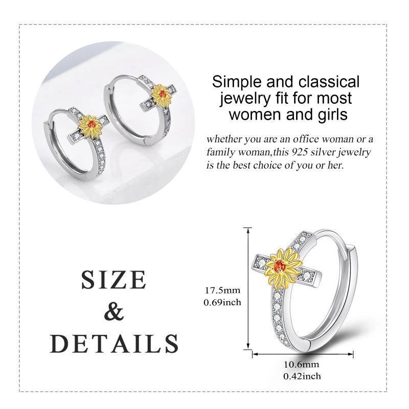 Sterling Silver Two-tone Circular Shaped Cubic Zirconia Sunflower & Cross Hoop Earrings-6