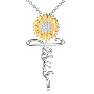 Sterling Silver Two-tone Circular Shaped Cubic Zirconia Sunflower & Cross Pendant Necklace-55