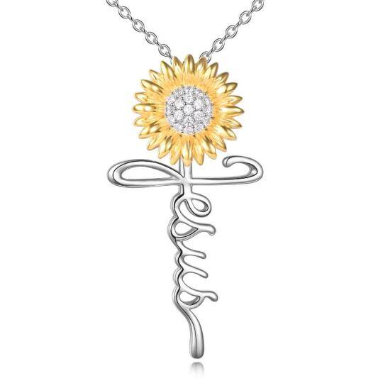 Sterling Silver Two-tone Circular Shaped Cubic Zirconia Sunflower & Cross Pendant Necklace