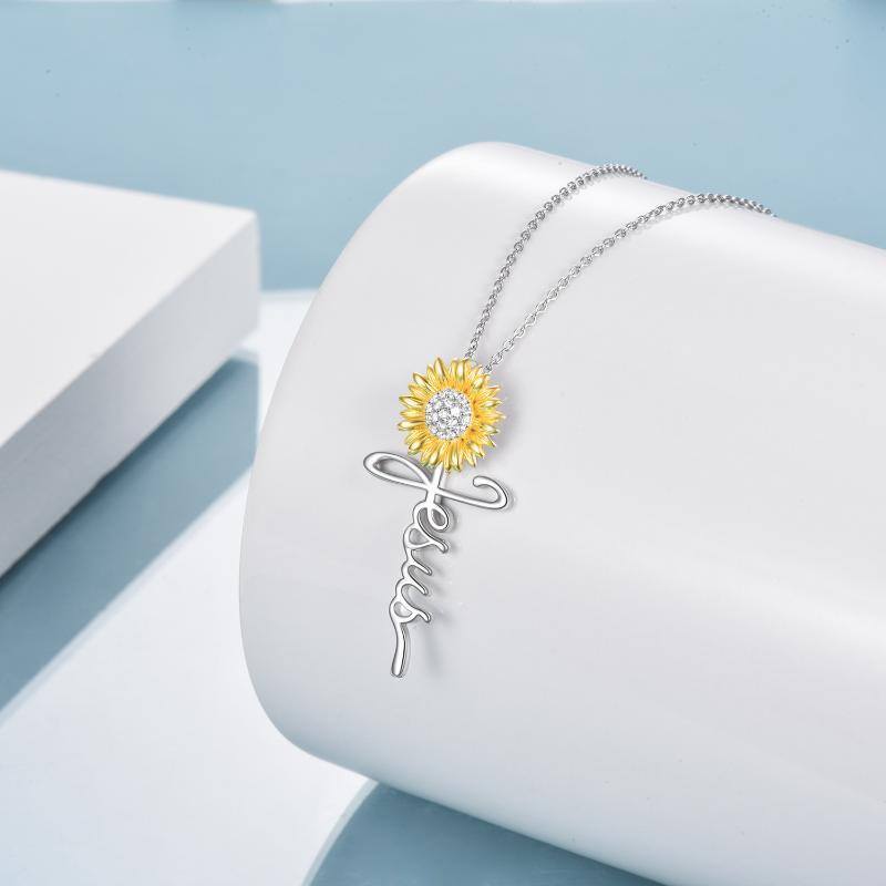 Sterling Silver Two-tone Circular Shaped Cubic Zirconia Sunflower & Cross Pendant Necklace-2