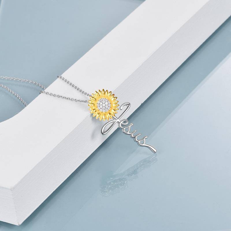 Sterling Silver Two-tone Circular Shaped Cubic Zirconia Sunflower & Cross Pendant Necklace-4