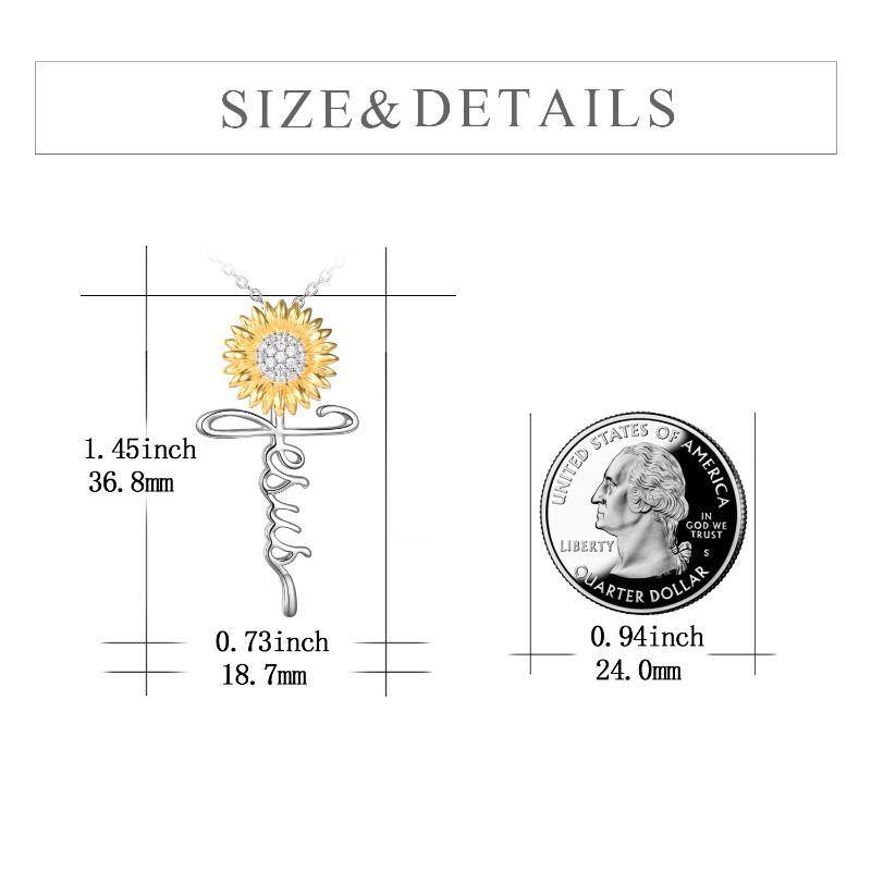 Sterling Silver Two-tone Circular Shaped Cubic Zirconia Sunflower & Cross Pendant Necklace-5