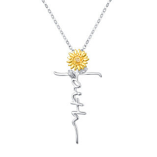 Sterling Silver Two-tone Circular Shaped Cubic Zirconia Sunflower & Cross Pendant Necklace with Engraved Word-39