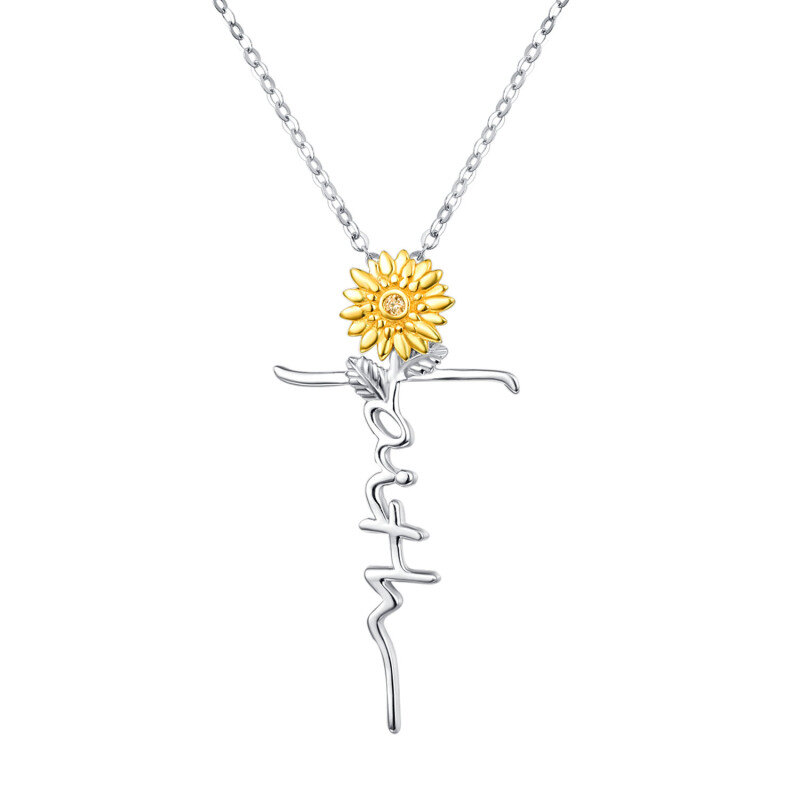 Sterling Silver Two-tone Circular Shaped Cubic Zirconia Sunflower & Cross Pendant Necklace with Engraved Word-12