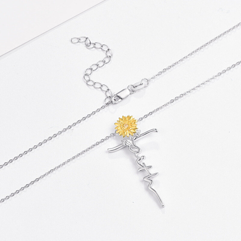 Sterling Silver Two-tone Circular Shaped Cubic Zirconia Sunflower & Cross Pendant Necklace with Engraved Word-3