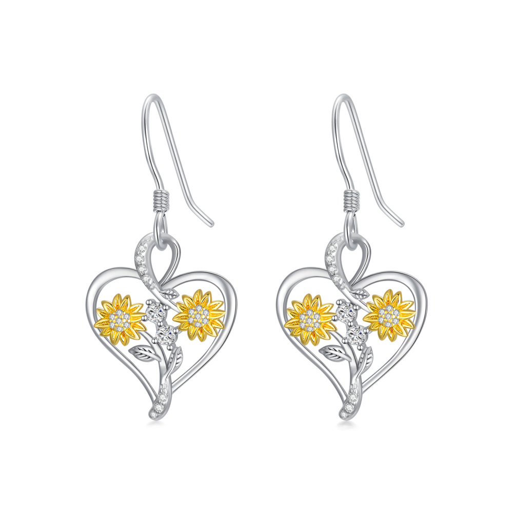 Pendientes de plata de ley bicolor con forma circular de circonita girasol y corazón-1