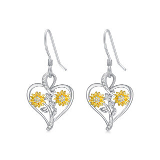 Sterling Silver Two-tone Circular Shaped Cubic Zirconia Sunflower & Heart Drop Earrings-35