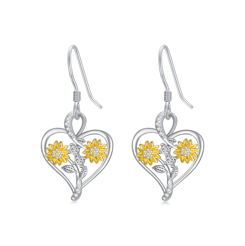 Sterling Silver Two-tone Circular Shaped Cubic Zirconia Sunflower & Heart Drop Earrings